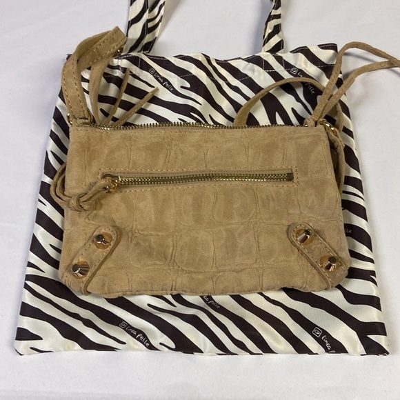 Linea Pelle Suede Studded Crocodile Embossed Crossbody Bag Tan Gold